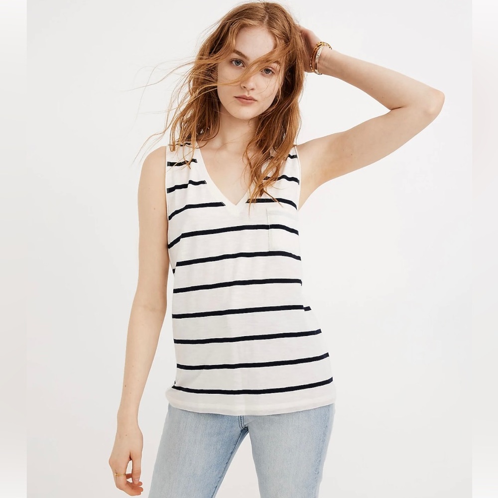 Madewell Whisper Cotton V-Neck Pocket Tank in Creston Stripe Size S